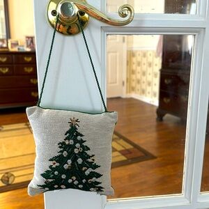 Two Vintage Christmas Tree & Angel with Baby Woven Tapestry Hanging Mini Pillows